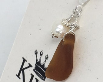 Genuine Sea Glass - Brown Glass & Freshwater Pearl, Sterling Silver necklace