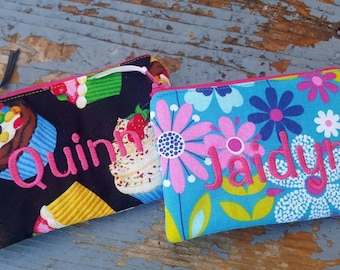 Girl's Coin Purse, Personalized Zipper Wallet, Change Purse, Ear Bud Bag, Cupcake Pouch