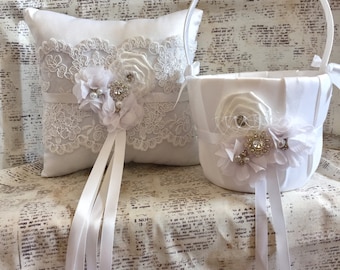 Ring Bearer Pillow and Flower Girl basket, Flower girl basket, Lace ring bearer pillow, ring pillow, vintage flower girl basket