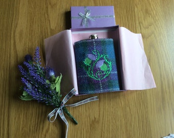 Harris Tweed Hip Flask with Embroidered Thistle.