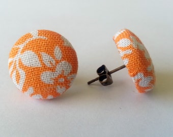 Orange and White Fabric Button Stud Earrings