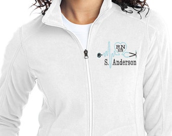 Monogram Stethoscope Fleece Jacket - Nurse Fleece Full Zip Jacket - RN Monogram Apparel - White Jacket - Plus Size Jacket - Ladies Fleece