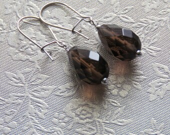 Faceted Smokey Quartz Teardrop Earrings. Sterling Silver.