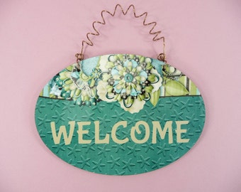 WELCOME SIGN Cute Beach Theme Gift 4x6 Hardboard Wood Glossy House Home Front Door Entryway Guests Oval Plaque Coastal Ocean Starfish Teal