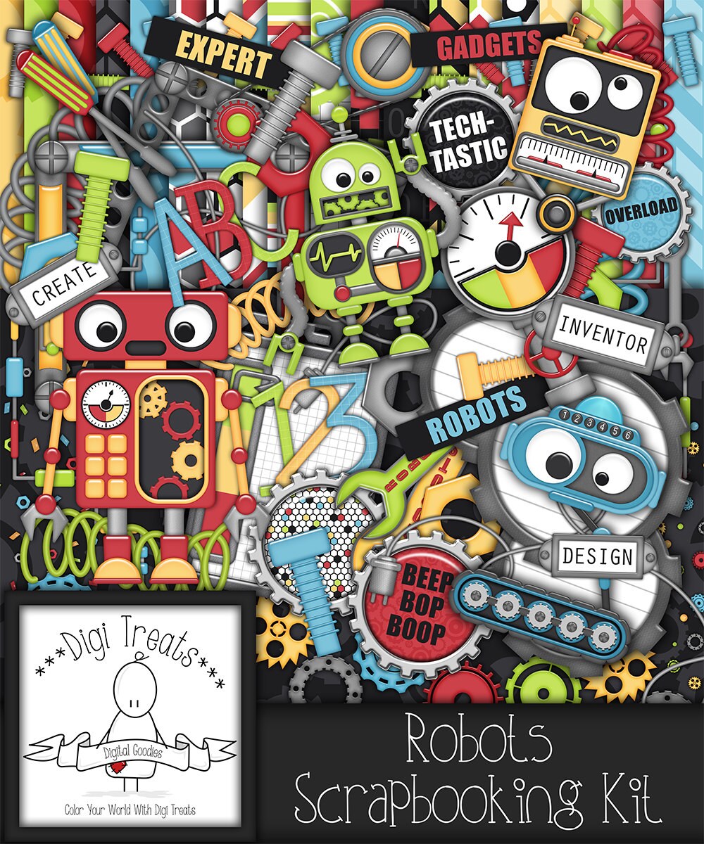 Robots Digital Scrapbook Kit. Robot Themed Scrapbook Kit