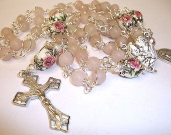 Catholic rosary, unbreakable rosary, wire wrapped rosary, mother and child, pink quartz,Abundant Grace Rosaries, Indylin 5 decade rosary
