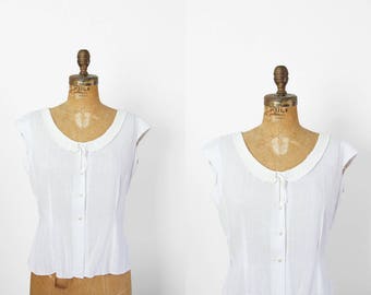 1950s Top - 50s Top - Judy Bond White Blouse With Soutache Collar