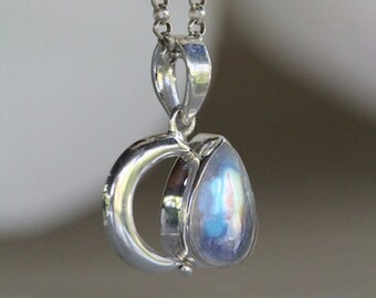 Natural Rainbow Moonstone Crescent Moonstone Necklace, Solid 925 Sterling Silver Necklace, Teardrop Pendant, Crescent Moon Necklace, Don Biu