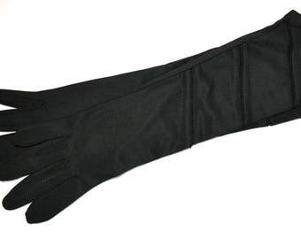 Vintage Elbow Length Black Satin Nylon Dress Evening Gloves with Stitched Cut-out Detail - Small Medium Large, Unworn, New Old Stock