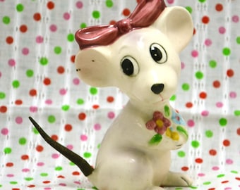 SALE - RARE Vintage Ceramic Mouse Figurine with Red Bow and Wriggling Tail from Japan 60s