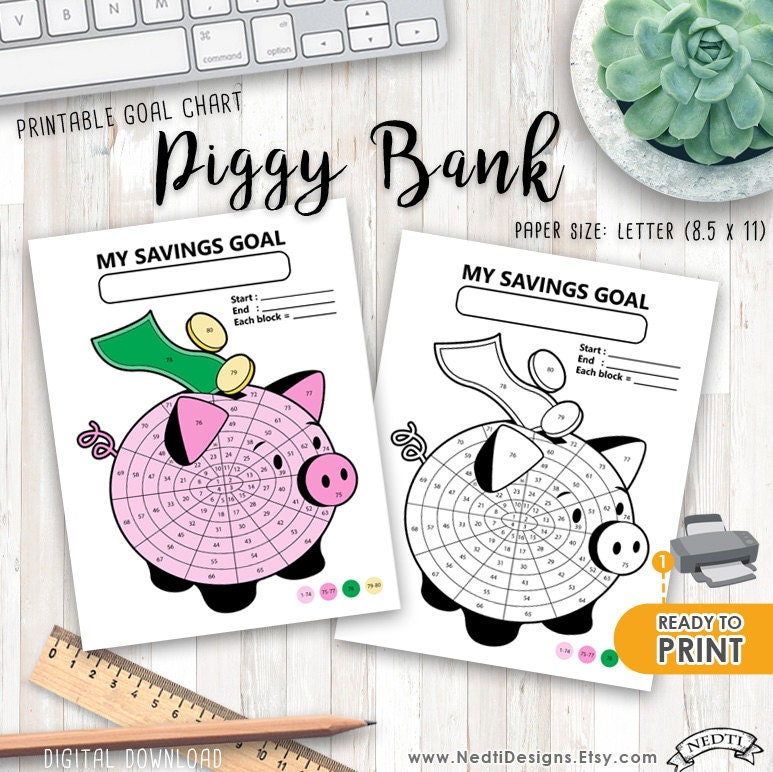PRINTABLE Goal Tracker Money Savings Coloring Piggy Bank