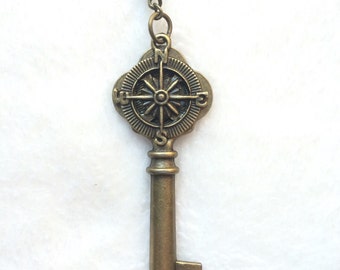 Bronze Compass Gear Key Pendant Chain Necklace