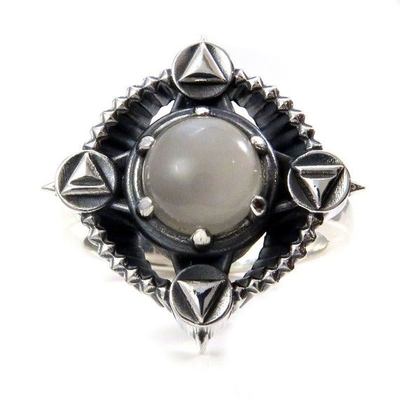 Mini or Massive Alchemy Element Silver Cocktail Ring with Gray Moonstone - Earth Air Fire Water