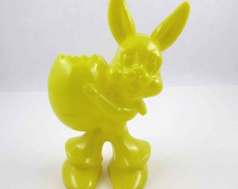 Vintage Hard Plastic Yellow Rabbit or Bunny Holding Easter Egg Candy Container
