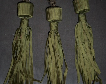 3 Fun Antique Homemade Silk Metallic Tassels