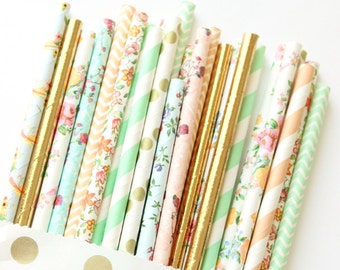 Floral paper straws-set of 25- garden party straws, tea party straws, flower straws, floral straws, vintage floral straws, wedding straws