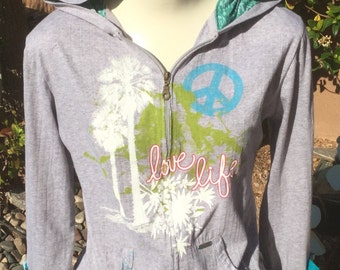 Love life repurposed hoodie with amazing cuffs upcycled clothing