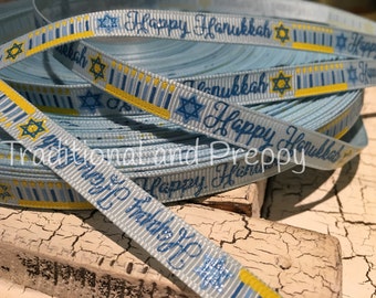 3 YARDS 3/8" HANUKKAH Light Blue Menorah Star of David Glitter Grosgrain Ribbon