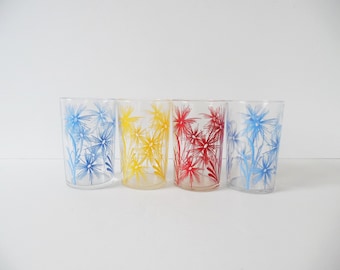 Mid Century Glasses Set of 4 Vintage barware Vintage Tumblers Juice Glasses Vintage floral glasses Small flower glasses Blue yellow red