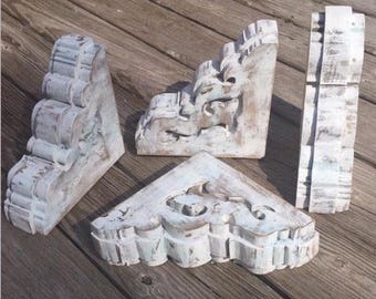 Handmade Wood Corbels ~ Antique Farmhouse Style ~ Set of 2 ~ Stained Painted Chippy White ~ Shelf Decorative