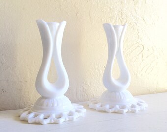 Beautiful Pair Unique Tall White Milk Glass Candlesticks Candle Holders Matching