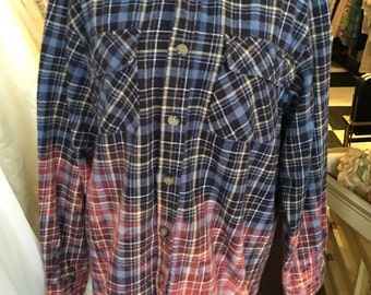 reworked altered couture Bleached weathered blue flannel plaid shirt medium repurposed