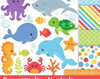 Sea animals clipart - Sea animals NEUTRALS - Clip art and digital paper set