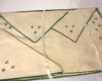 Natural Beige Embroidered Linen Napkins and Placemats Set, Vintage New in Original Plastic Bag