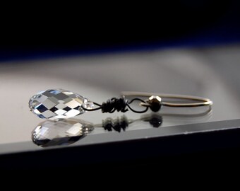 Crystal Clear Briolette Earrings, Bridesmaid gift, Simple Teardrop earrings made with Swarovski and antiqued silver wire wrap, Gift for her