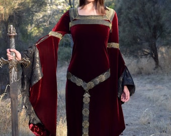 Burgundy Fantasy Medieval velvet dress, Costume, "Trea"