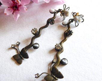 Earrings elegant, nature, porcelain over bronze, flight of butterflies