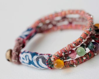 Upcycled Fabric Bracelets, TRIPLE tie w Stones, Beads, Small Light Metal Silver Colored Bell, Colorful