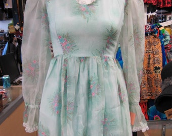 60s Babydoll Dress // Sheer Sleeves // Pastel Goth // Soft Grunge // Floral Print // 1960s Clothing // Mini Dress // Lace Trim // XS SMALL