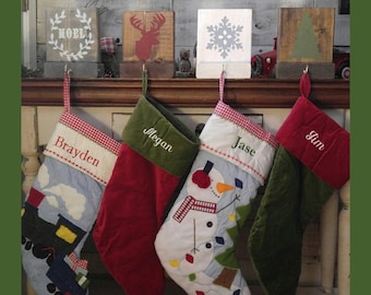 Christmas Rustic Wood Stocking Holders 8" x 6" Decor CUSTOM / Holiday / deer / merry bright / snowflake / tree / Santa / Noel / mantle