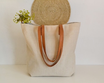 Large Linen Tote Bag, Beach bag, Beach tote bag, French Market bag,Mother's day, Leather handles bag,Tote bag , Natural linen bag, Handbag