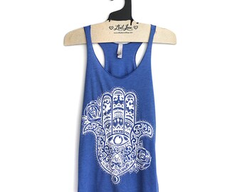 Small -Tri-Blend Blue Racerback Tank with Hamsa Screen Print