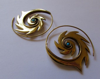 Spiral Brass Earrings Razor design with Turquoise Gemstone handmade, Tribal Earrings, Nickel Free, Gift boxed,Free UK postage