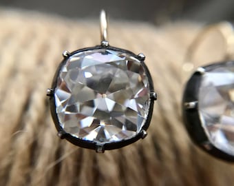 Medium / Large Georgian Victorian Reproduction Cushion Cut Diamond Paste Earrings with OMC (Old Mine Cut) CZ's 3 & 4 Carats each