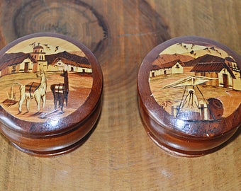 Hand Painted Carved Wood Boxes, Hand Turned Trinket Boxes, Peruvian Wood Boxes