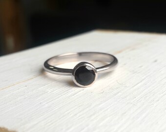 Simple Black Diamond Engagement Ring - White Gold - Minimalist Simple Design, Bezel Solitaire, Black Spinel