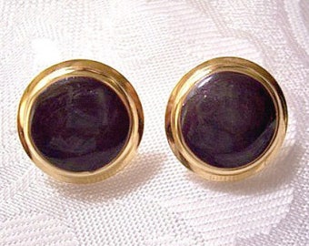 Purple Eggplant Marbled Discs Pierced Post Stud Earrings Gold Tone Vintage Large Round Domed Double Ribbed Edges