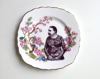 Vintage Victorian Moustache Tattooed Man Plate Altered Art
