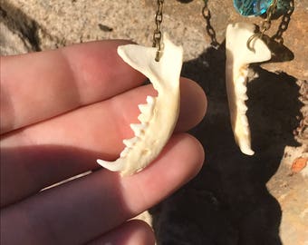 Mink jaw bone dangle earrings mandible real bone jewelry antique bronze jeweled chain