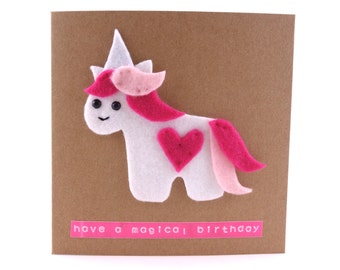 Have a magical birthday, cute felt unicorn card, fantasy birthday card