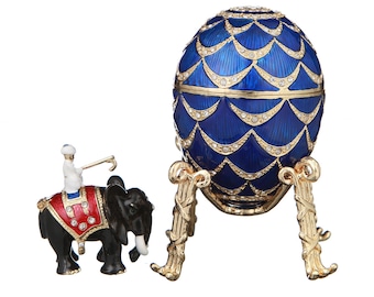 Russian Faberge Style Egg / Trinket Jewel Box Pinecone with Elephant 8.5 cm (3.4'') blue