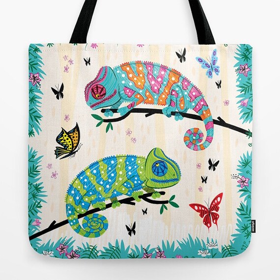 Seeing Spots - Childrens Tote Bag - Book Bag - Record bag - Chameleons and Butterflies - animal /nature / wildlife - art bag - 18" x 18"