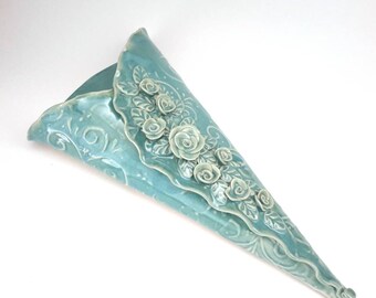 Teal Green Wall Pocket // Wall Vase // Handmade Ceramic Wall Pocket // Wall Pocket // Garden Pottery // Rose Wall Pocket // Gift for Her