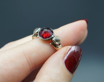 Georgian Rose Cut Garnet Paste and Diamond Paste Trilogy 14K Gold Ring / Antique Foil Back Silver and Gold Ring