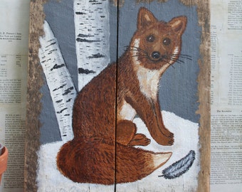 Vintage Rustic...Primitive...Cabin Fox Painting on Old Wood