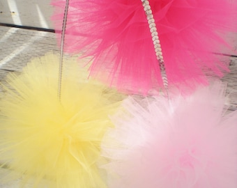 3 hot pink, yellow, light pink tulle pom poms, 8" diameter, sequin string for hanging